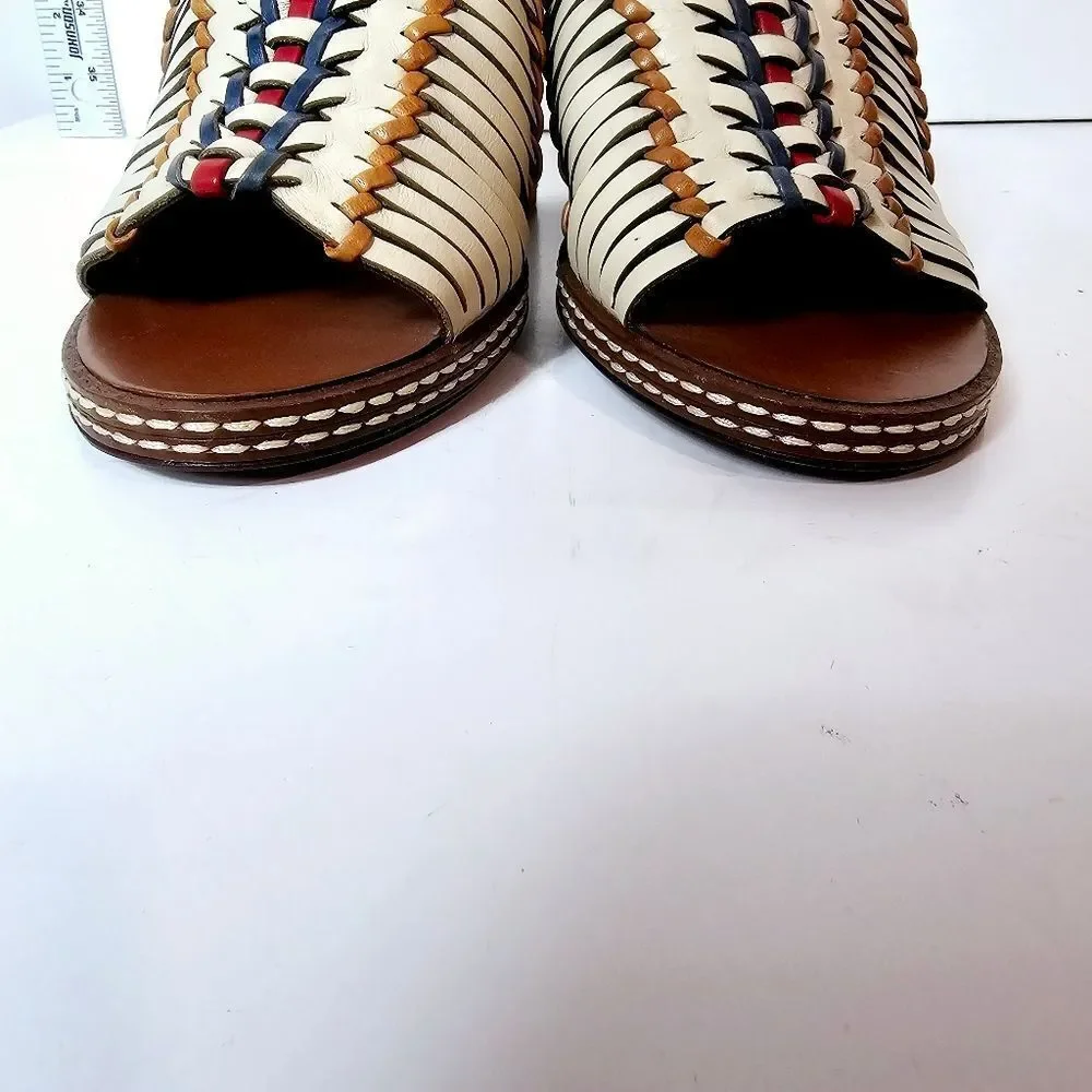 Tory Burch Pecha Woven Leather Stitched Block Heel Mules 8 LIKE NEW!